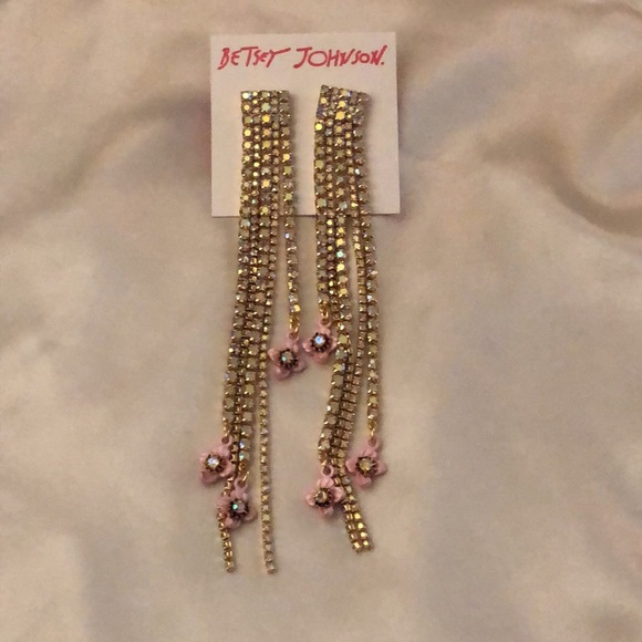 Betsey Johnson Gold Tone Crystal Cup Chain Fringe Drop Earrings Flower Accent - Picture 4 of 11